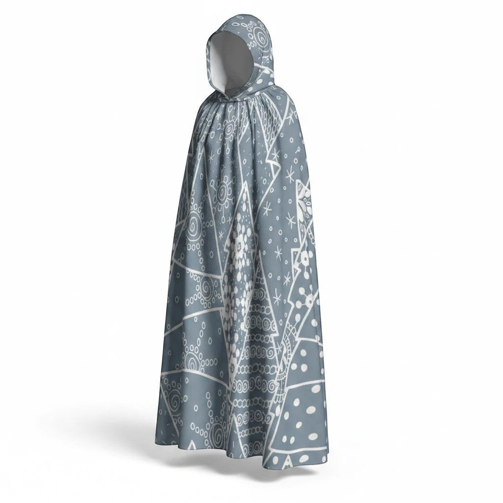 Sea Dragon Dreams unisex hooded cloak in grey with white snowflake and geometric pattern, made of scuba fabric.