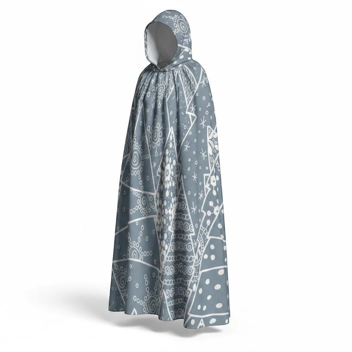 Sea Dragon Dreams unisex hooded cloak in grey with white snowflake and geometric pattern, made of scuba fabric.
