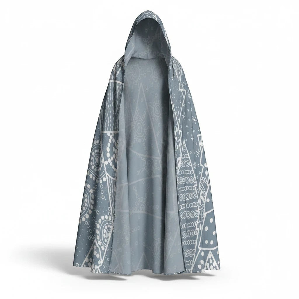 Sea Dragon Dreams unisex hooded cloak in grey with a white geometric snowflake and abstract pattern in scuba fabric