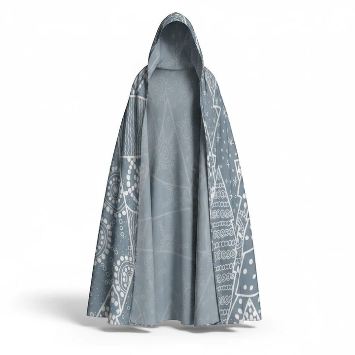 Sea Dragon Dreams unisex hooded cloak in grey with a white geometric snowflake and abstract pattern in scuba fabric