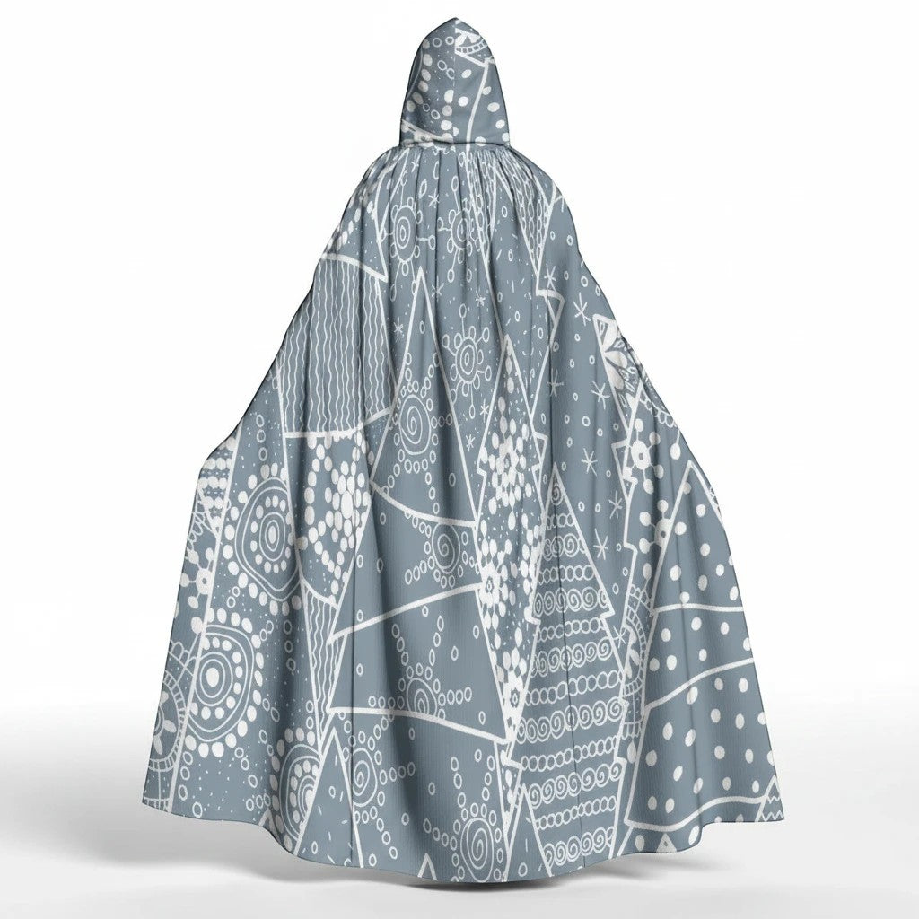 Sea Dragon Dreams unisex hooded cloak in grey with white geometric snowflake and abstract line patterns
