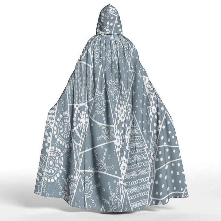 Sea Dragon Dreams unisex hooded cloak in grey with white geometric snowflake and abstract line patterns