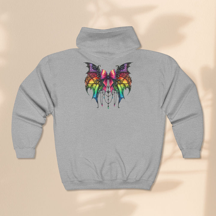 Sea Dragon Dreams grey full zip hoodie featuring a colourful rainbow spider bow graphic on the back.
