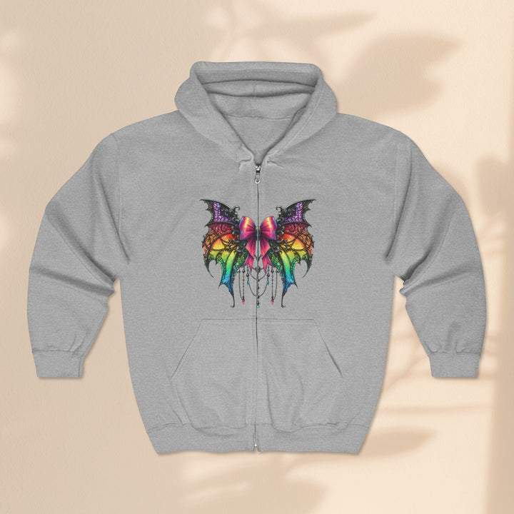 Sea Dragon Dreams grey full zip hoodie featuring a colourful spider bow graphic with bat-like wings and hanging charms.