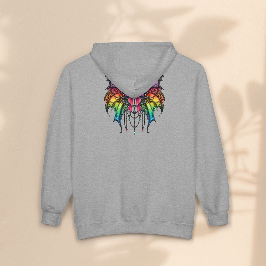 Sea Dragon Dreams grey full zip hoodie featuring a colorful spider bow graphic on the back with intricate details.