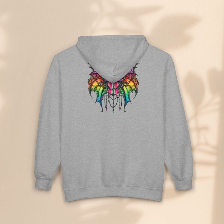 Sea Dragon Dreams grey full zip hoodie featuring a colorful spider bow graphic on the back with intricate details.