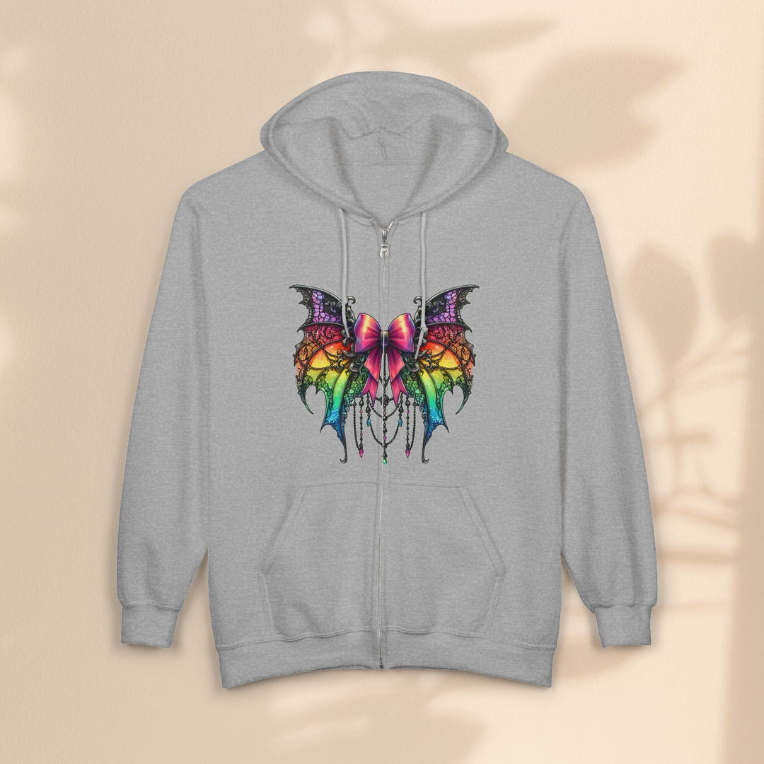 Sea Dragon Dreams grey full zip hoodie featuring a colourful spider web bow graphic with rainbow gradient wings.
