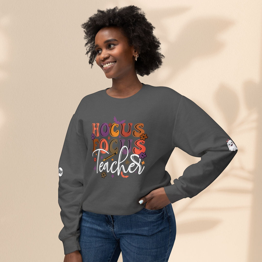 Sea Dragon Dreams unisex grey crewneck sweatshirt with Hocus Focus Teacher graphic and cute ghost sleeve detail