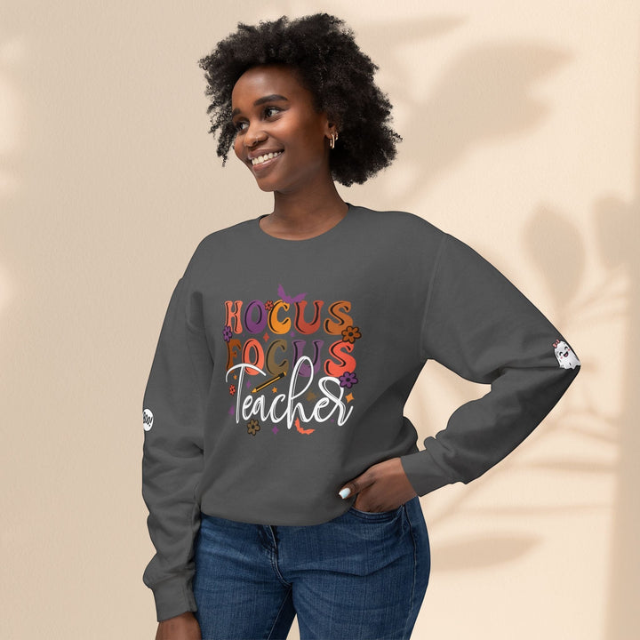 Sea Dragon Dreams unisex grey crewneck sweatshirt with Hocus Focus Teacher graphic and cute ghost sleeve detail