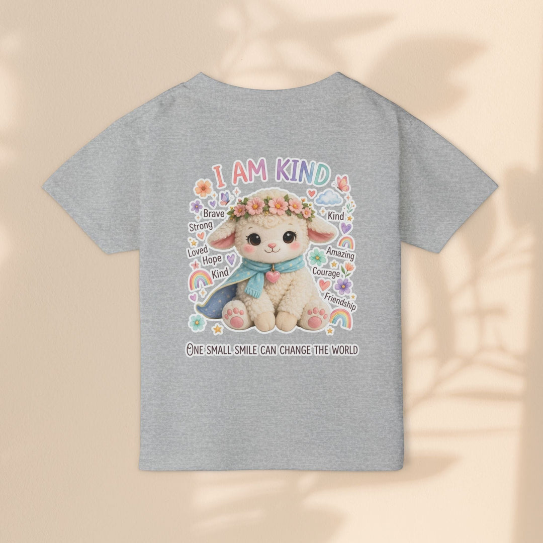 Sea Dragon Dreams toddler t-shirt in grey cotton featuring a cute Grace Lamb illustration with I Am Kind text.
