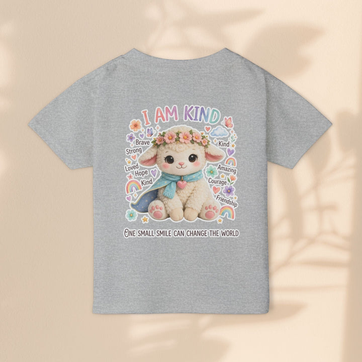 Sea Dragon Dreams toddler t-shirt in grey cotton featuring a cute Grace Lamb illustration with I Am Kind text.