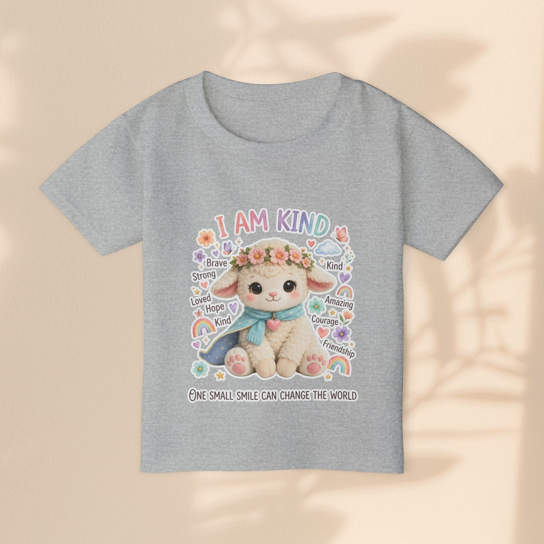 Sea Dragon Dreams toddler t-shirt in grey cotton featuring a cute Grace Lamb illustration and I Am Kind text.