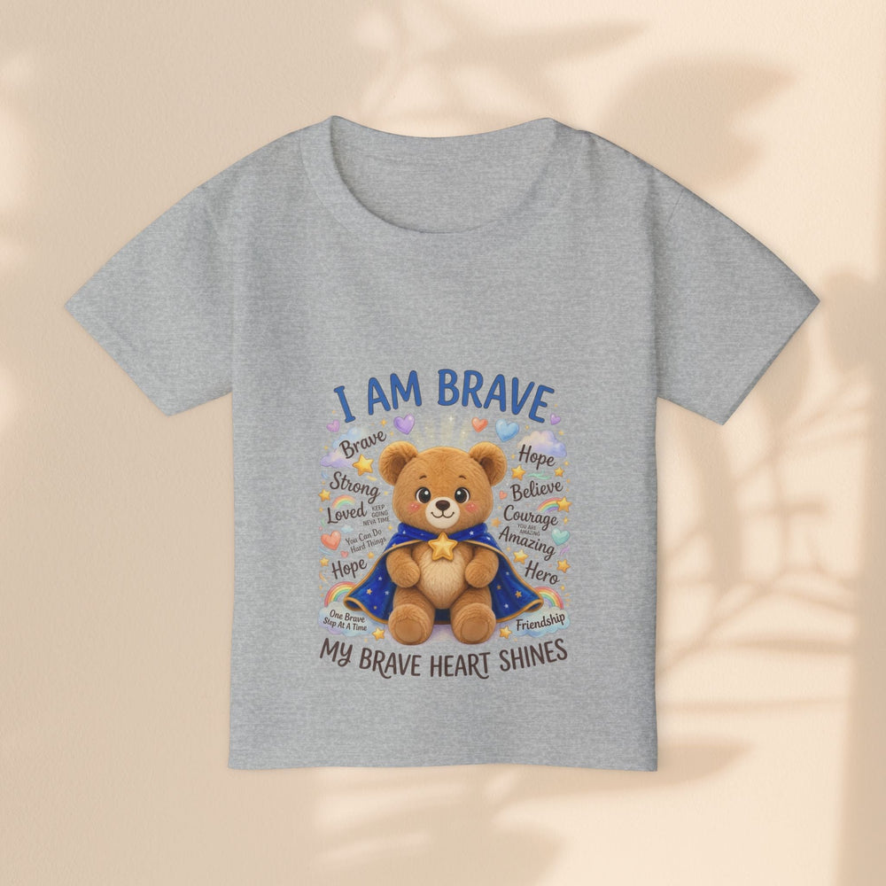 Sea Dragon Dreams grey cotton toddler t-shirt featuring a teddy bear in a cape with the text I Am Brave