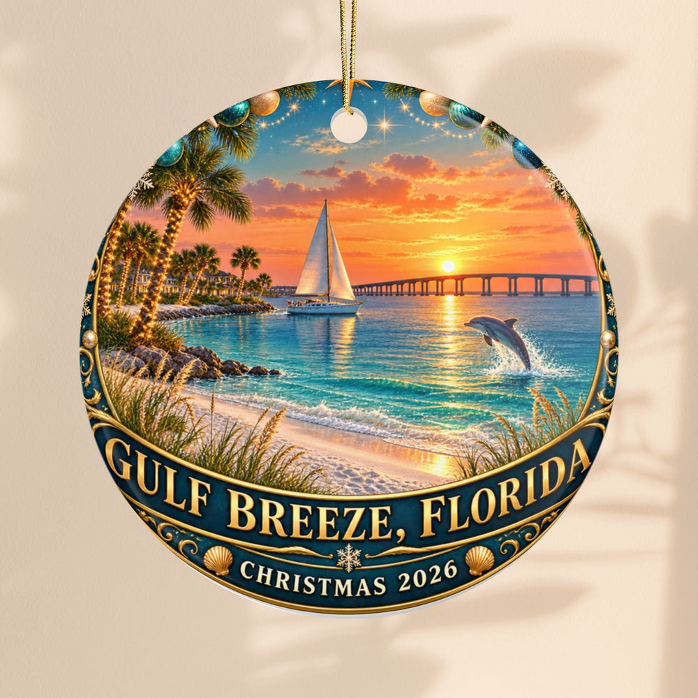 Sea Dragon Dreams round ceramic Christmas ornament featuring a Gulf Breeze Florida sunset, sailboat, and dolphin.