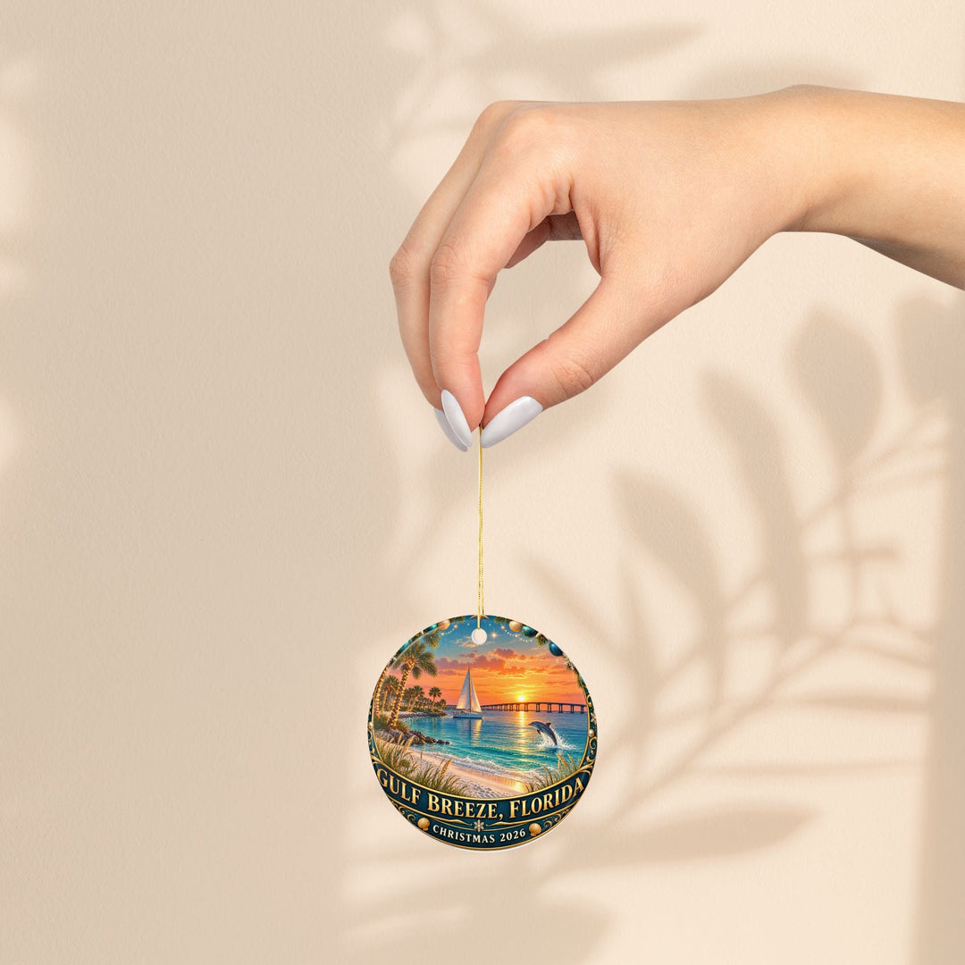 Sea Dragon Dreams ceramic ornament featuring a Gulf Breeze Florida sunset sailboat scene dated Christmas 2026.