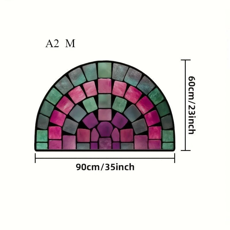 Sea Dragon Dreams half-circle doormat with a colorful mosaic-style floral pattern in green, pink, and purple tones.