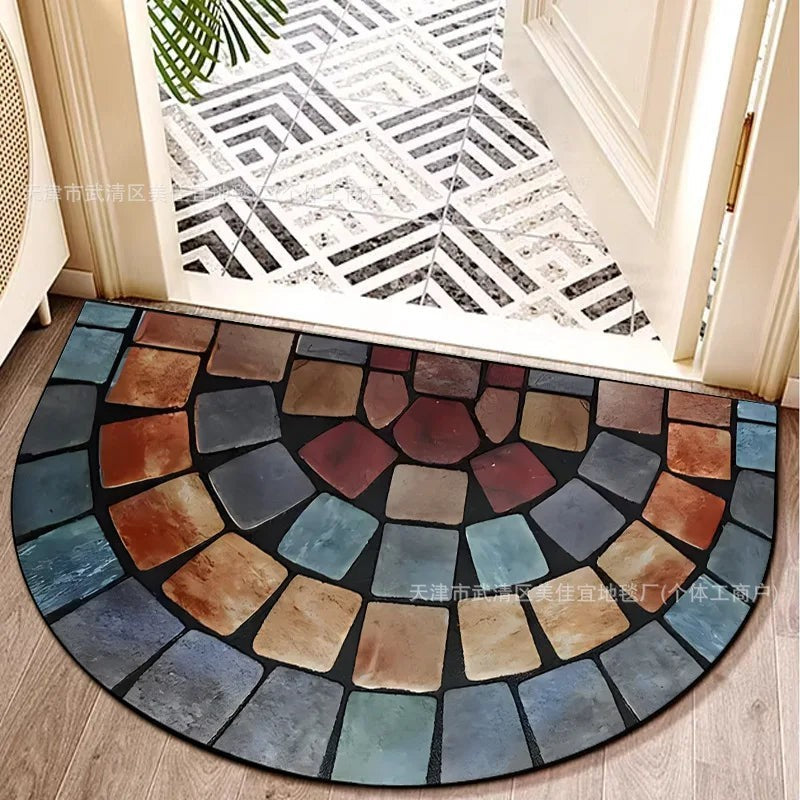 Sea Dragon Dreams half-circle doormat with a colorful stone-look tile pattern placed in a bright home entryway.