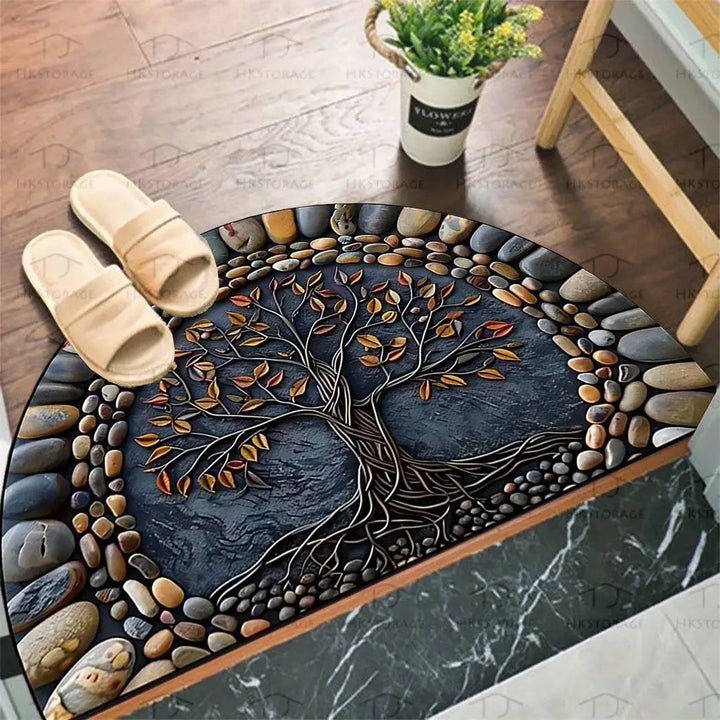 Sea Dragon Dreams half circle doormat featuring a tree of life design surrounded by river stones on a dark background.