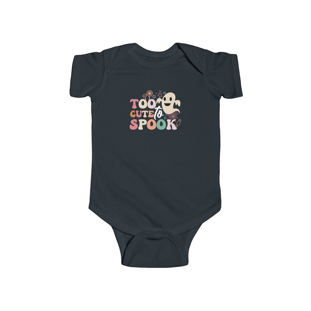 Sea Dragon Dreams infant bodysuit in dark grey with Too Cute To Spook ghost graphic for Halloween.
