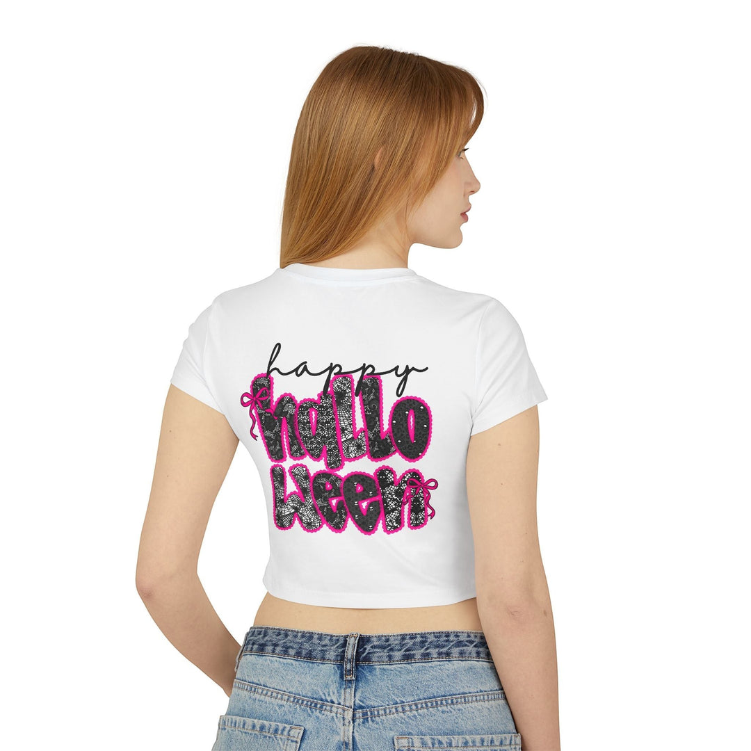 Sea Dragon Dreams white cropped baby tee with a glittery black and pink Happy Halloween graphic on the back