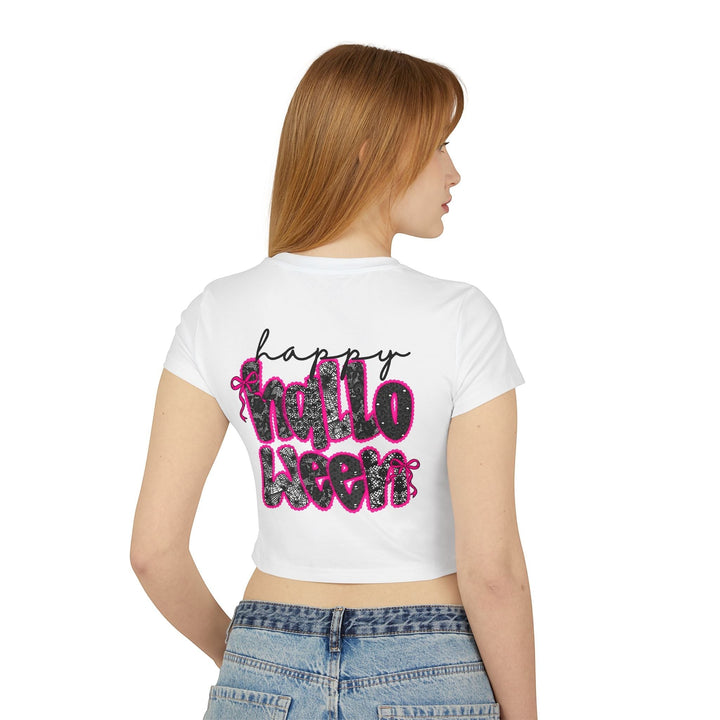 Sea Dragon Dreams white cropped baby tee with a glittery black and pink Happy Halloween graphic on the back