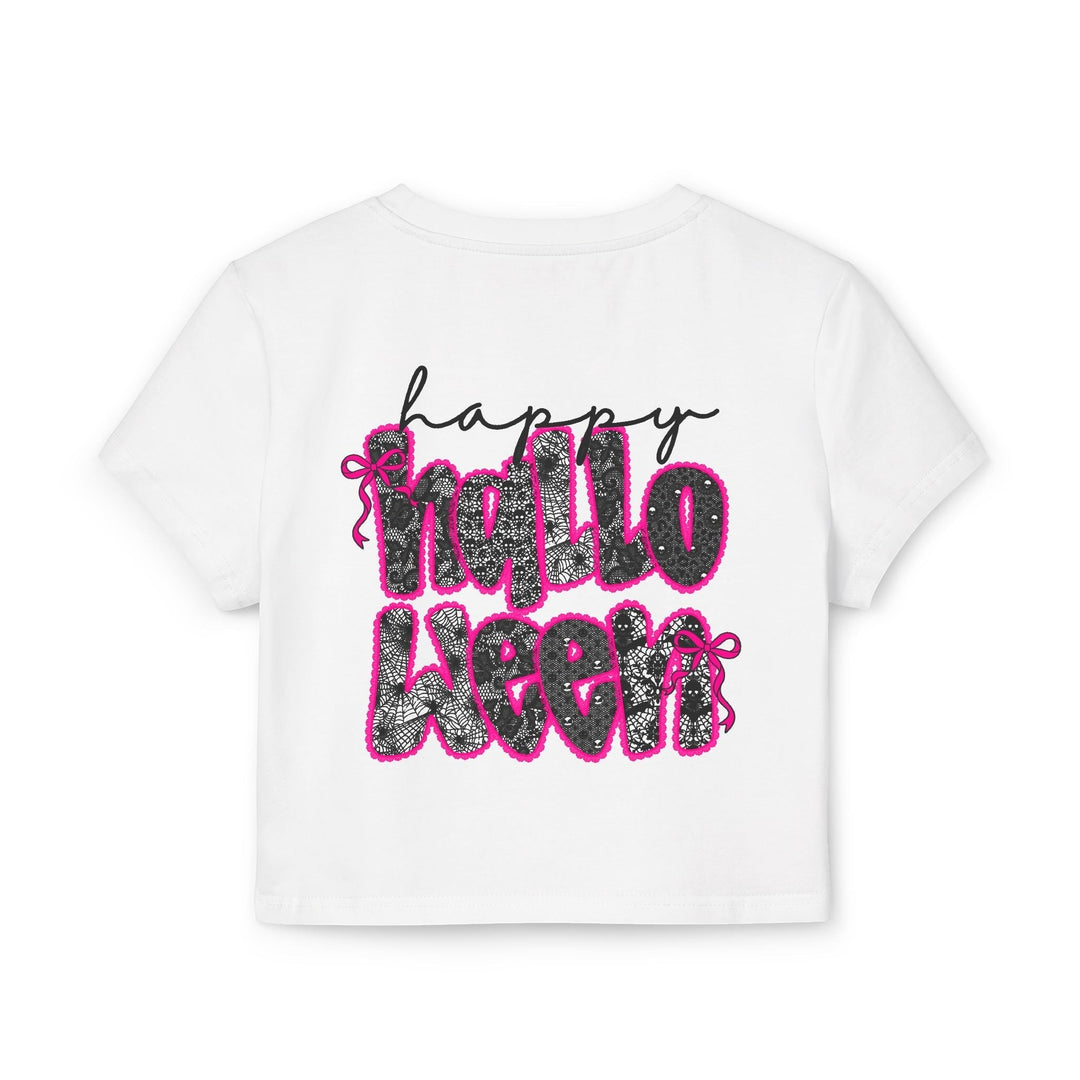 Sea Dragon Dreams white organic cotton baby tee with a black and pink Happy Halloween spiderweb graphic on the back