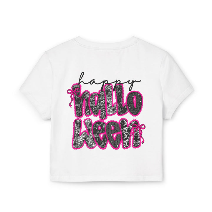 Sea Dragon Dreams white organic cotton baby tee with a black and pink Happy Halloween spiderweb graphic on the back