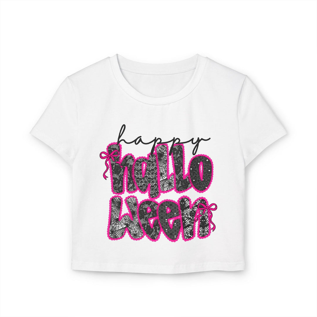 Sea Dragon Dreams white organic cotton baby tee with a black lace-patterned Happy Halloween graphic and pink bows