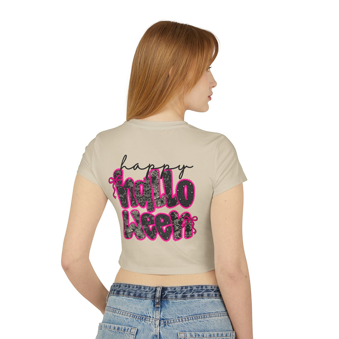 Sea Dragon Dreams beige organic cotton baby tee with a black and pink glittery Happy Halloween graphic on the back.