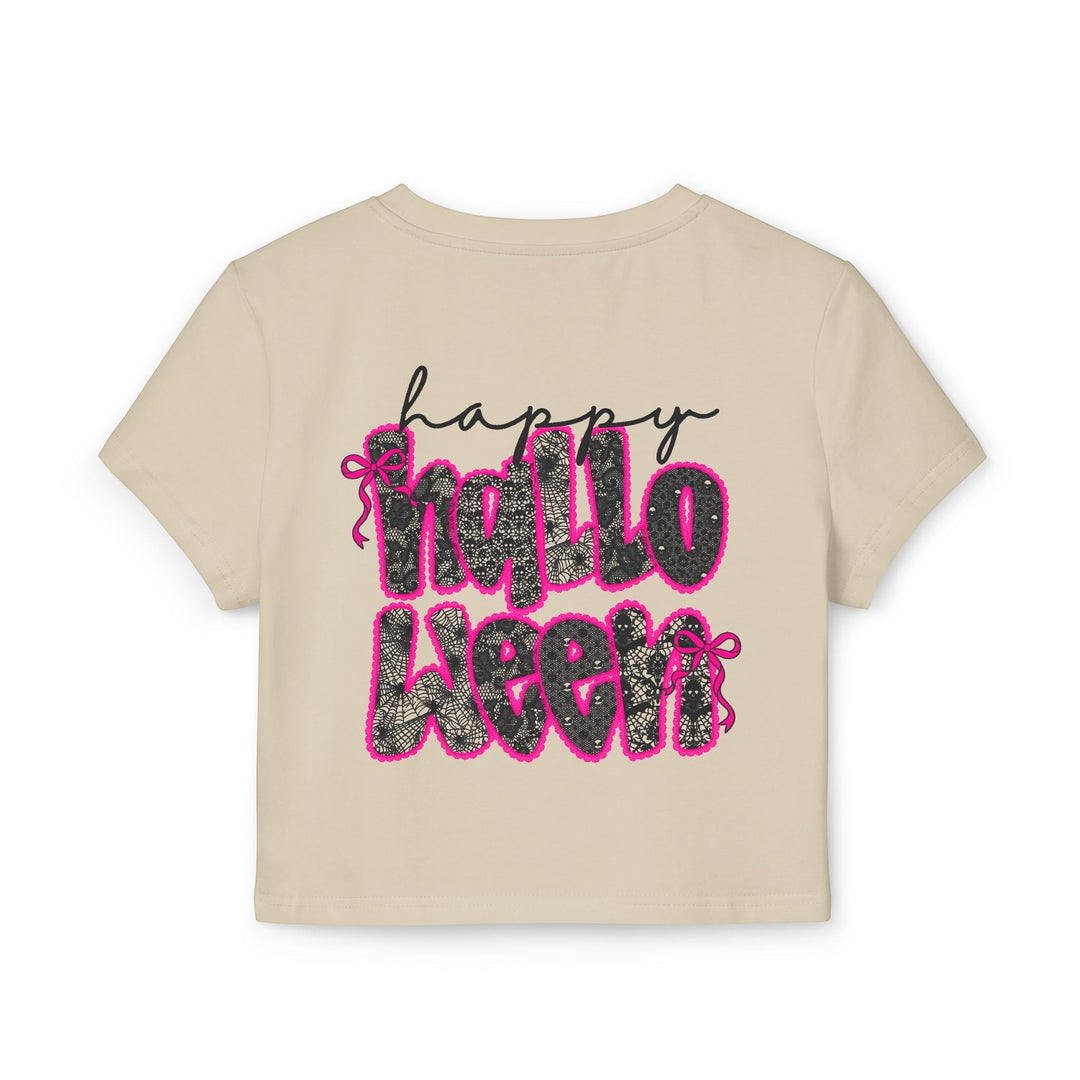 Sea Dragon Dreams beige organic cotton baby tee with a black and pink Happy Halloween graphic print on the back.