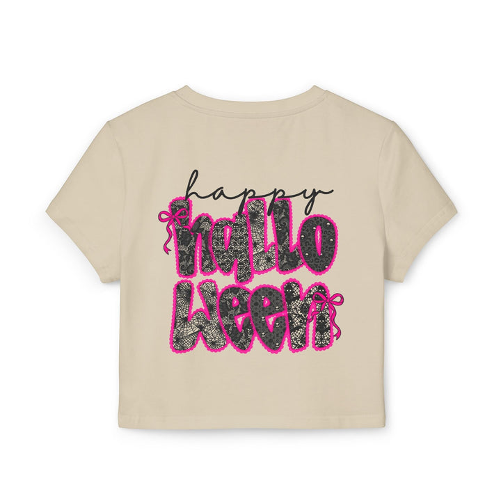 Sea Dragon Dreams beige organic cotton baby tee with a black and pink Happy Halloween graphic print on the back.