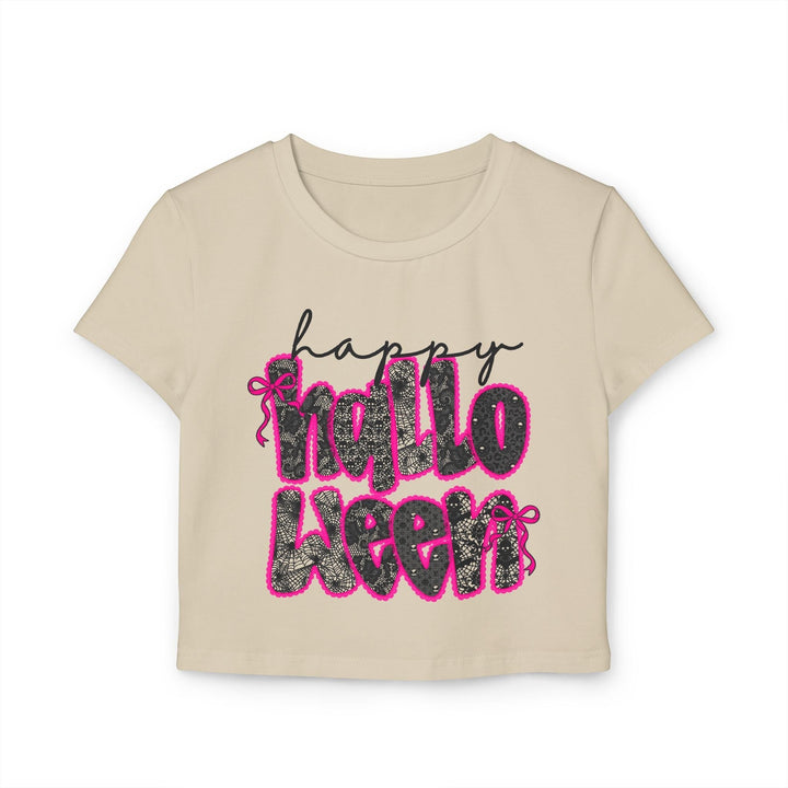 Sea Dragon Dreams beige organic cotton baby tee with a black lace and pink bow Happy Halloween graphic print.