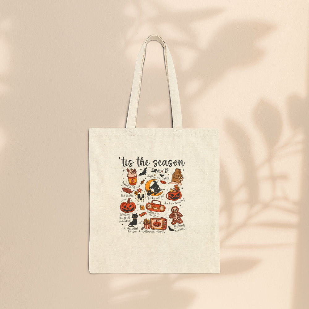 Sea Dragon Dreams natural cotton canvas tote bag with festive Halloween themed illustrations and Tis the Season text.
