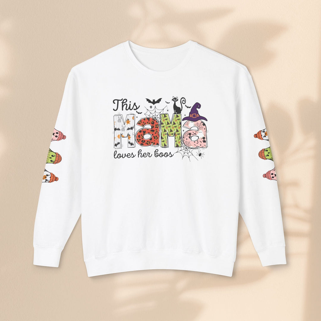 Sea Dragon Dreams white crewneck sweatshirt with This Mama Loves Her Boos Halloween graphic and ghost sleeve prints.