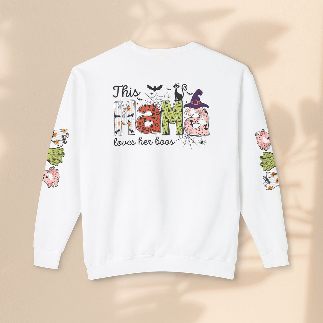 Sea Dragon Dreams white crewneck sweatshirt with This Mama Loves Her Boos Halloween graphic on back and sleeves