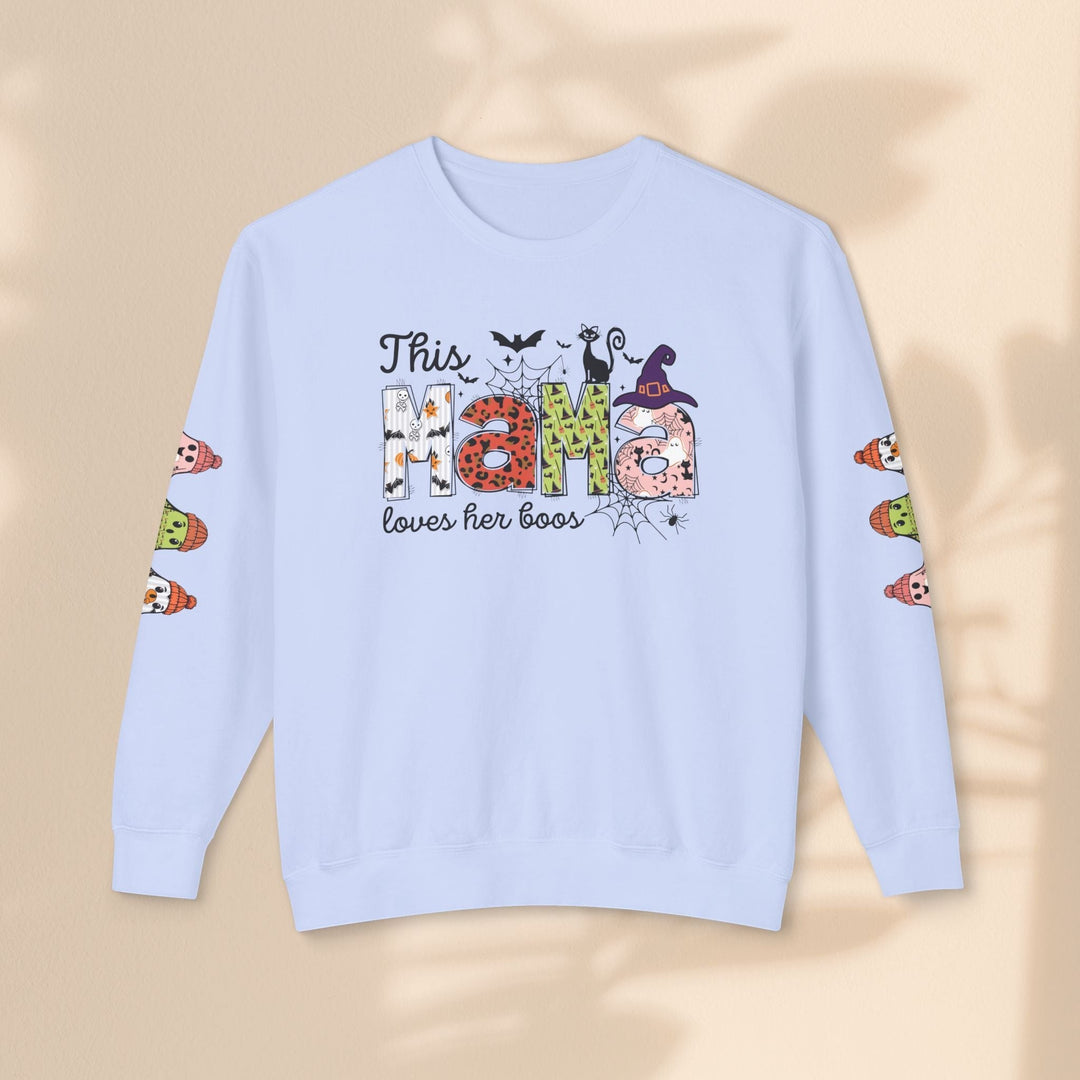 Sea Dragon Dreams light blue crewneck sweatshirt with This Mama Loves Her Boos Halloween print and ghost sleeve art.