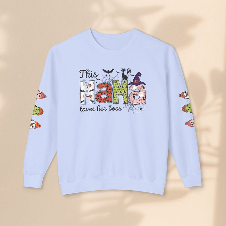 Sea Dragon Dreams light blue crewneck sweatshirt with This Mama Loves Her Boos Halloween print and ghost sleeve art.