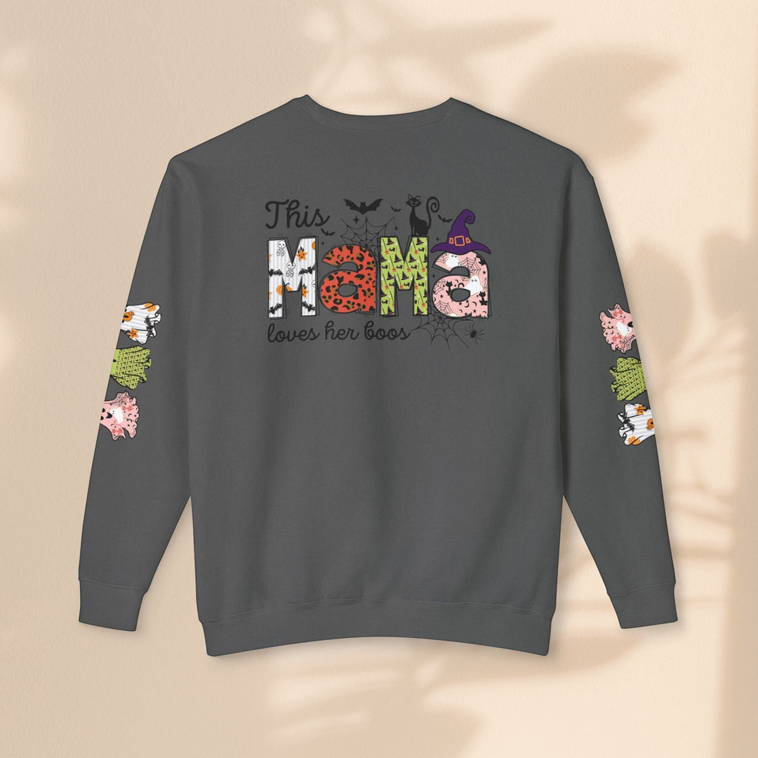 Sea Dragon Dreams grey crewneck sweatshirt with This Mama Loves Her Boos Halloween print and ghost sleeve details.