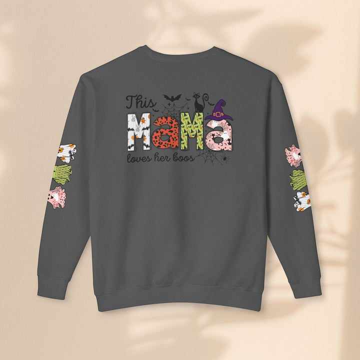 Sea Dragon Dreams grey crewneck sweatshirt with This Mama Loves Her Boos Halloween print and ghost sleeve details.