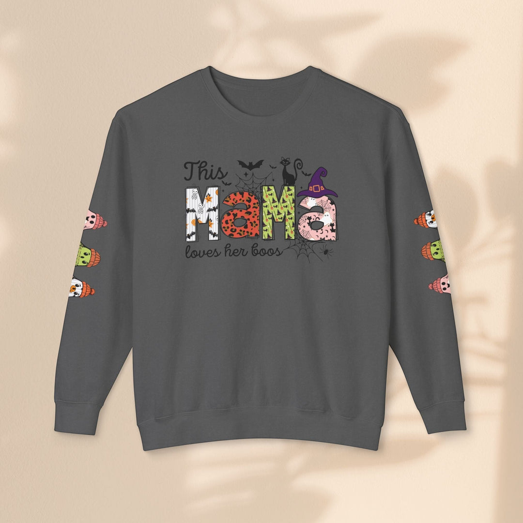 Sea Dragon Dreams dark grey crewneck sweatshirt with This Mama Loves Her Boos Halloween print and sleeve graphics.