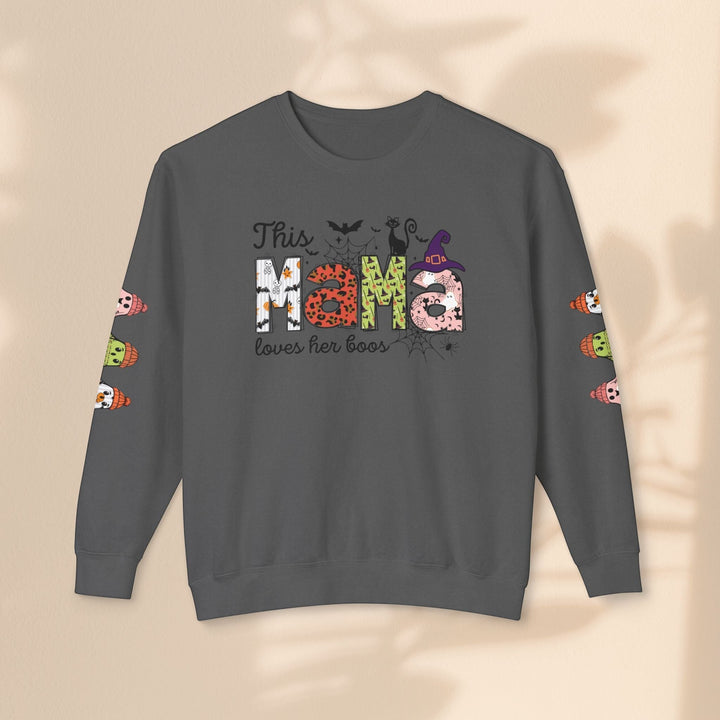 Sea Dragon Dreams dark grey crewneck sweatshirt with This Mama Loves Her Boos Halloween print and sleeve graphics.