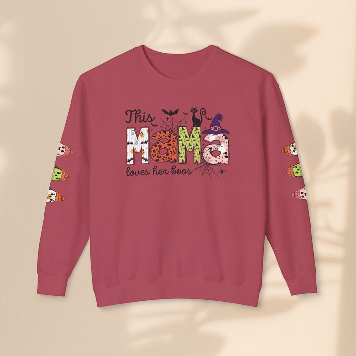 Sea Dragon Dreams red crewneck sweatshirt with This Mama Loves Her Boos Halloween graphic and sleeve ghost prints.