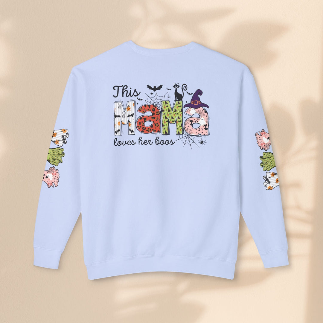 Sea Dragon Dreams light blue crewneck sweatshirt with This Mama Loves Her Boos Halloween graphic on back and sleeves
