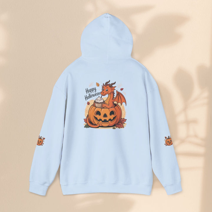 Sea Dragon Dreams light blue hoodie featuring a cute dragon in a jack-o-lantern with a coffee cup for Halloween.