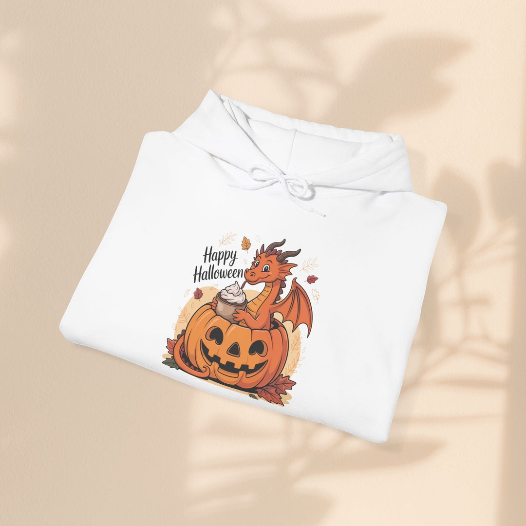 Sea Dragon Dreams white cotton-blend hoodie featuring a cute dragon sitting in a pumpkin with a drink for Halloween.