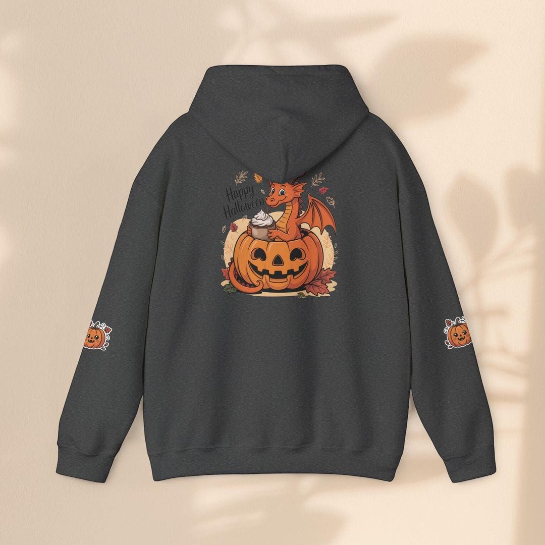 Sea Dragon Dreams dark grey hoodie featuring a cute dragon in a pumpkin graphic on the back and small pumpkin sleeves