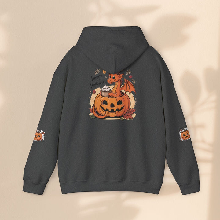 Sea Dragon Dreams dark grey hoodie featuring a cute dragon in a pumpkin graphic on the back and small pumpkin sleeves