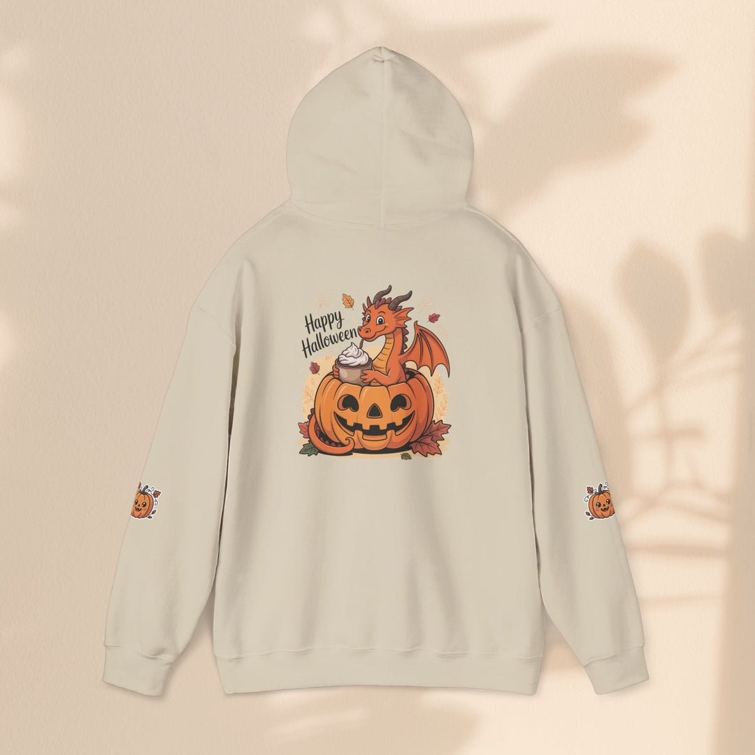 Sea Dragon Dreams beige hoodie featuring a cute dragon in a pumpkin with Happy Halloween text and sleeve pumpkin art