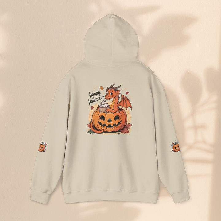 Sea Dragon Dreams beige hoodie featuring a cute dragon in a pumpkin with Happy Halloween text and sleeve pumpkin art