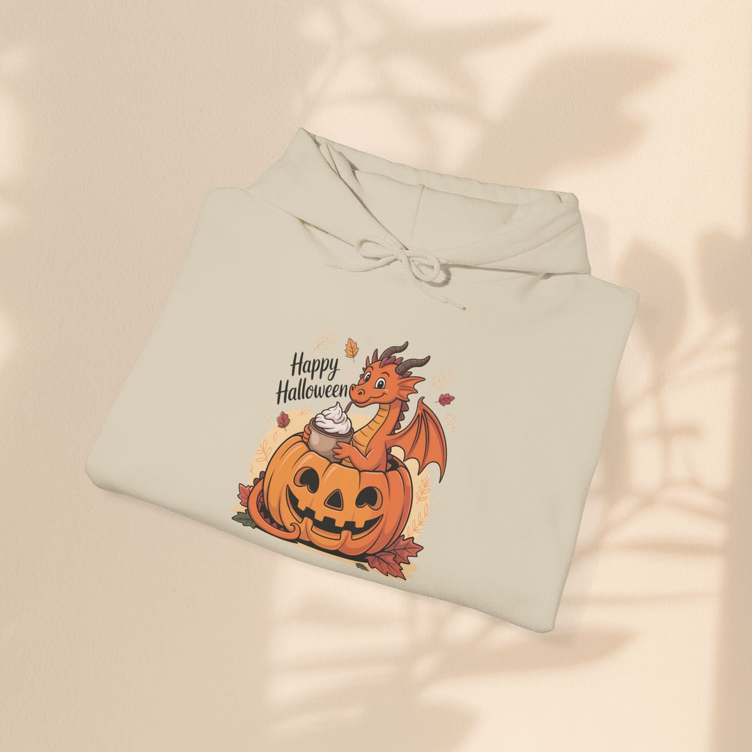 Sea Dragon Dreams beige cotton-blend hoodie featuring a cute dragon in a pumpkin with Happy Halloween text.